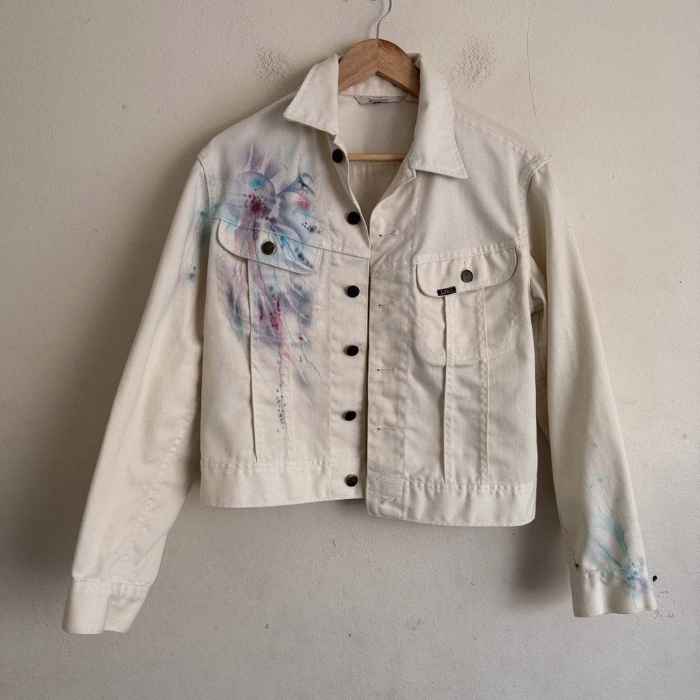 Vintage Lee Riders Hand Painted Denim Jacket White Artsy Boho Watercolor OOAK - Picture 2 of 12
